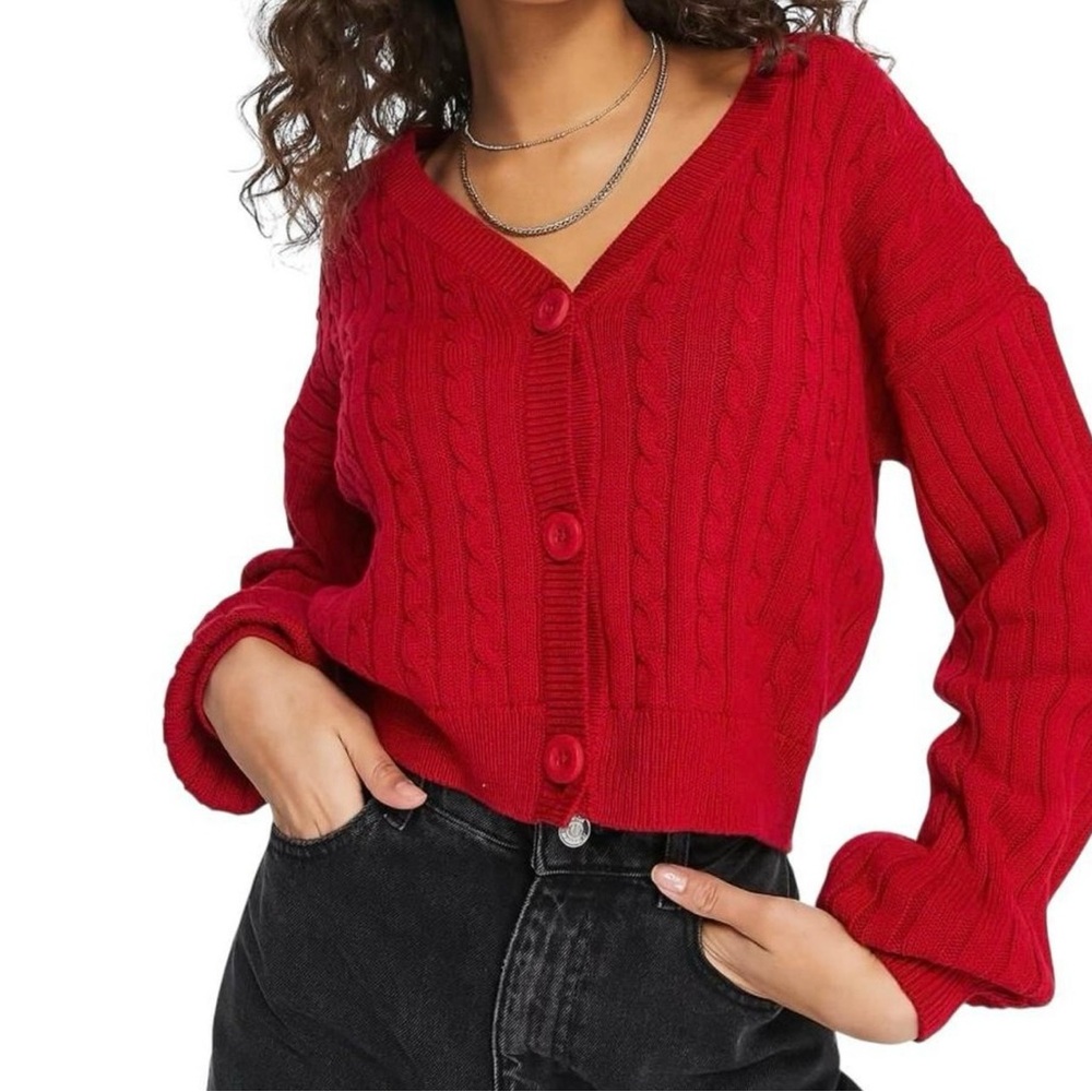 Hollister Red Cable Knit Cropped Cardigan Cotton V Neck XS